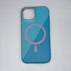 Blue Leather-Texture Phone Case with Pink MagSafe Accent